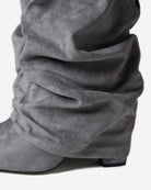 Mescini grey slouchy knee high boots, pointed toes seen from above, US size guide