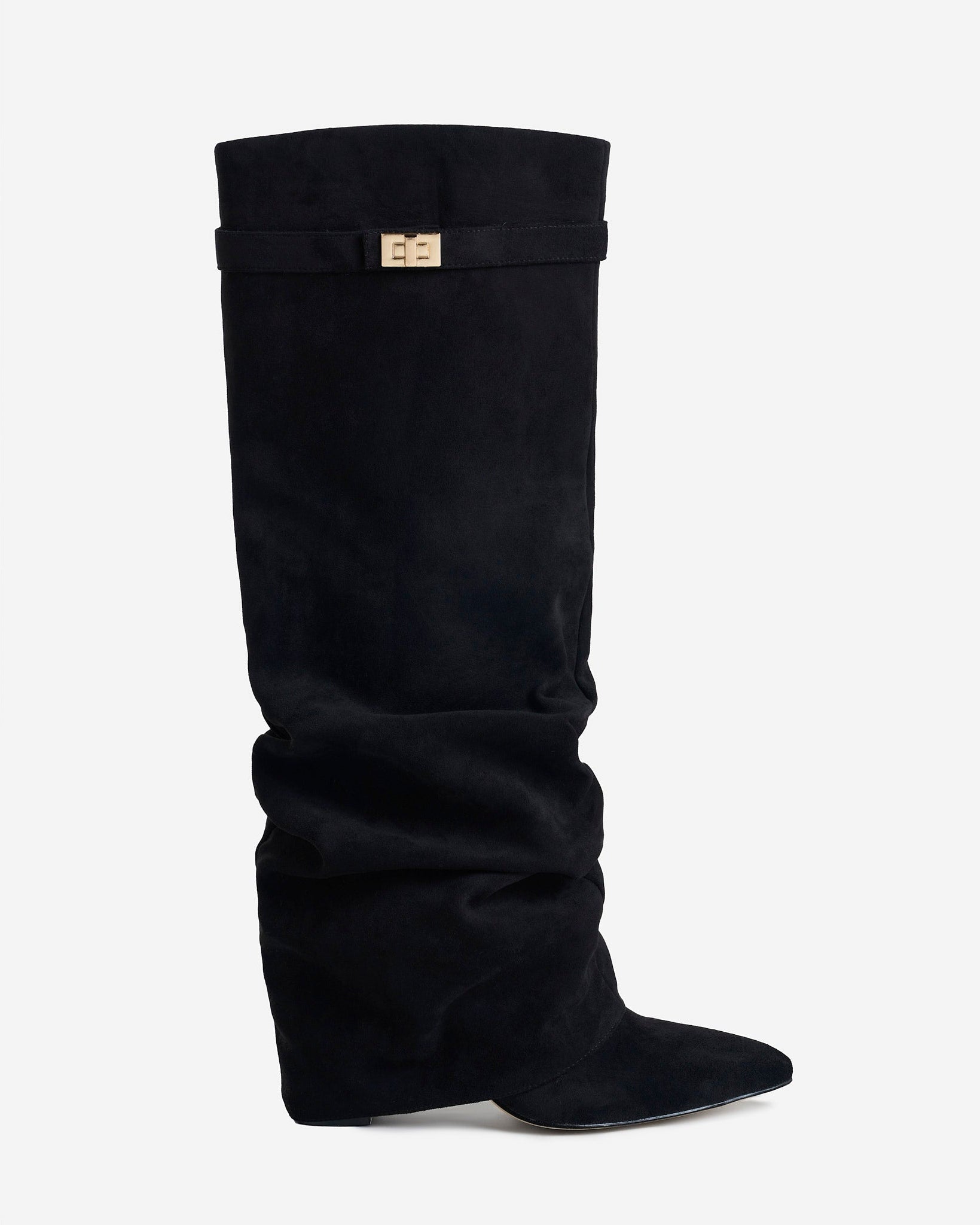 Mescini black slouchy knee high boots, full side view of the ruched shaft, US sizes
