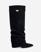 Mescini black slouchy knee high boots, full side view of the ruched shaft, US sizes