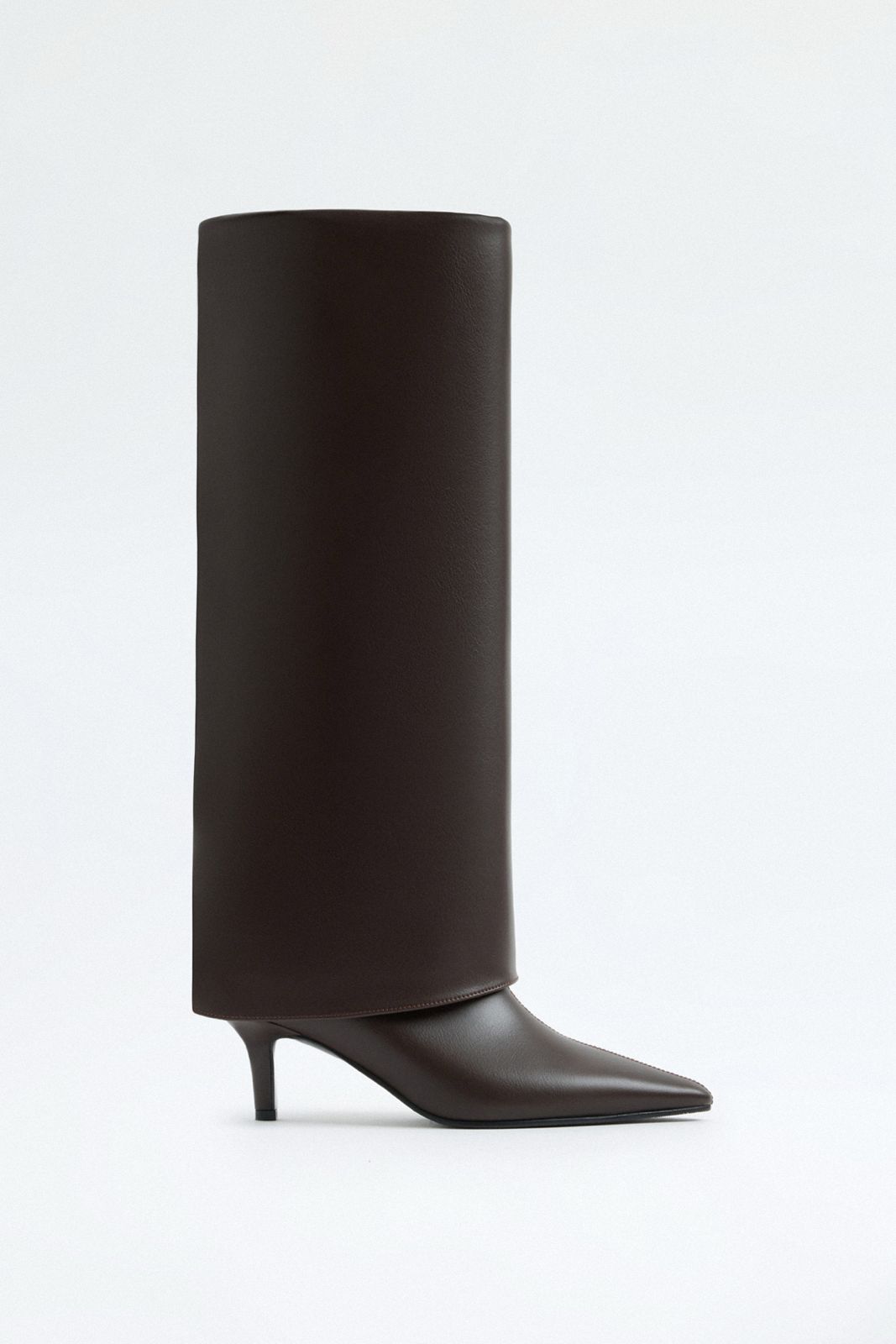 Mescini dark brown fold over knee high boots, side view of the folded shaft, US sizes