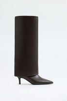 Mescini dark brown fold over knee high boots, side view of the folded shaft, US sizes
