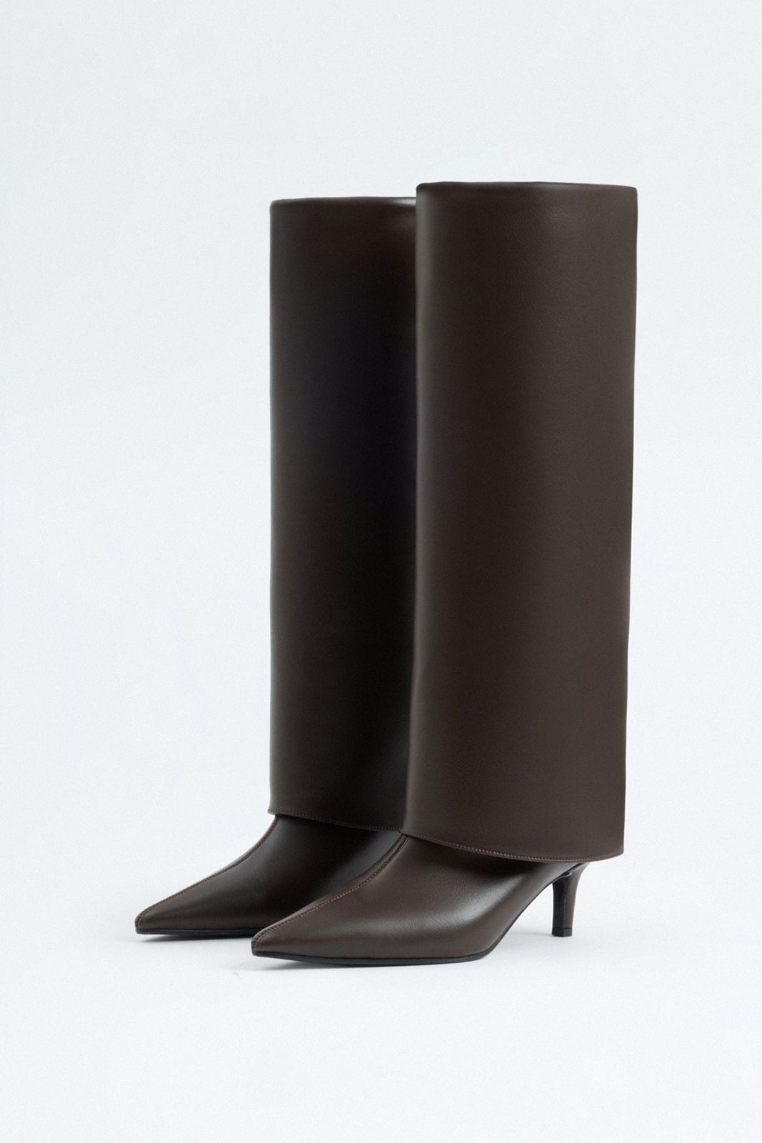 Mescini dark brown fold over knee high boots, pair angled on a pale studio floor, US sizes