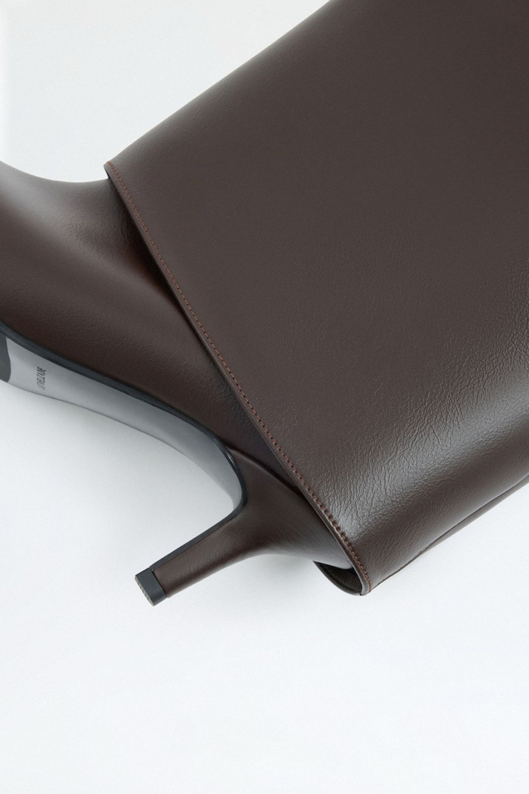 Mescini dark brown fold over knee high boots, close view of the cuff and slim heel, US sizes