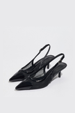 Mescini black mesh pointed toe slingback kitten heels, angled pair on a pale grey backdrop, US women's sizes