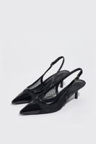 Mescini black mesh pointed toe slingback kitten heels, angled pair on a pale grey backdrop, US women's sizes