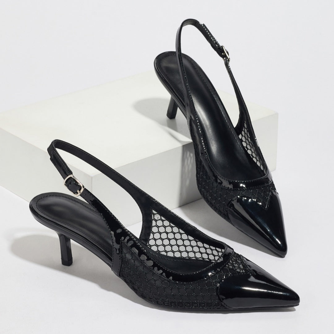 Mescini - Black mesh pointed toe slingback kitten heels, angled pair view, US women's sizes