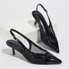 Mescini - Black mesh pointed toe slingback kitten heels, angled pair view, US women's sizes