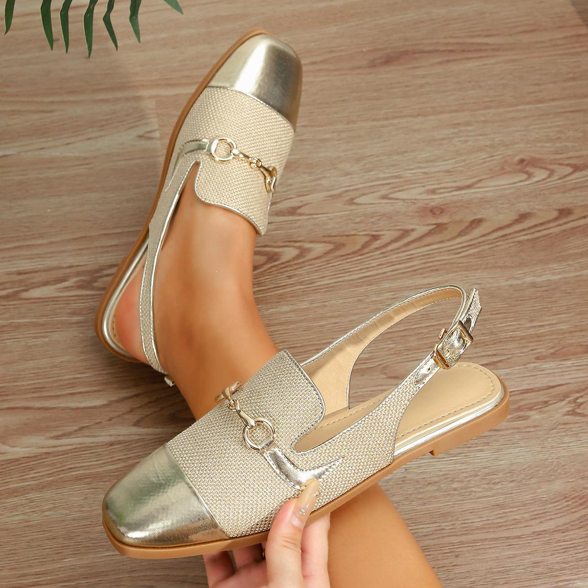 Mescini – gold cap toe flat slingback sandal shown from the outer side, US women's sizes