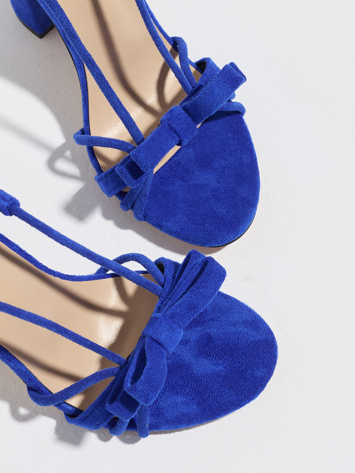 Mescini blue knotted bow strappy block heel sandals, close up of the toe and instep, US women's sizes