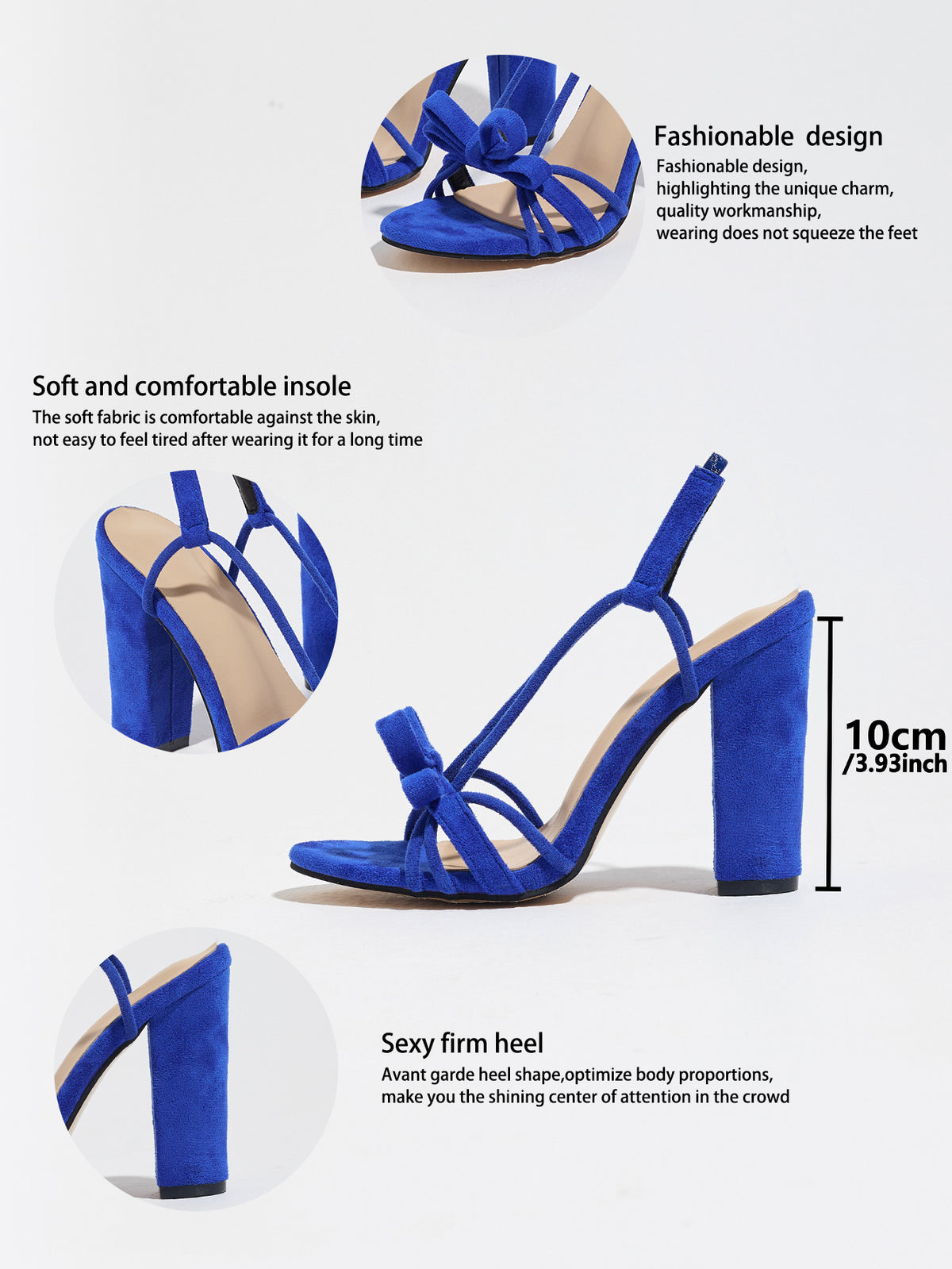 Mescini blue knotted bow strappy block heel sandals, feature graphic with 10 cm height, US women's sizes