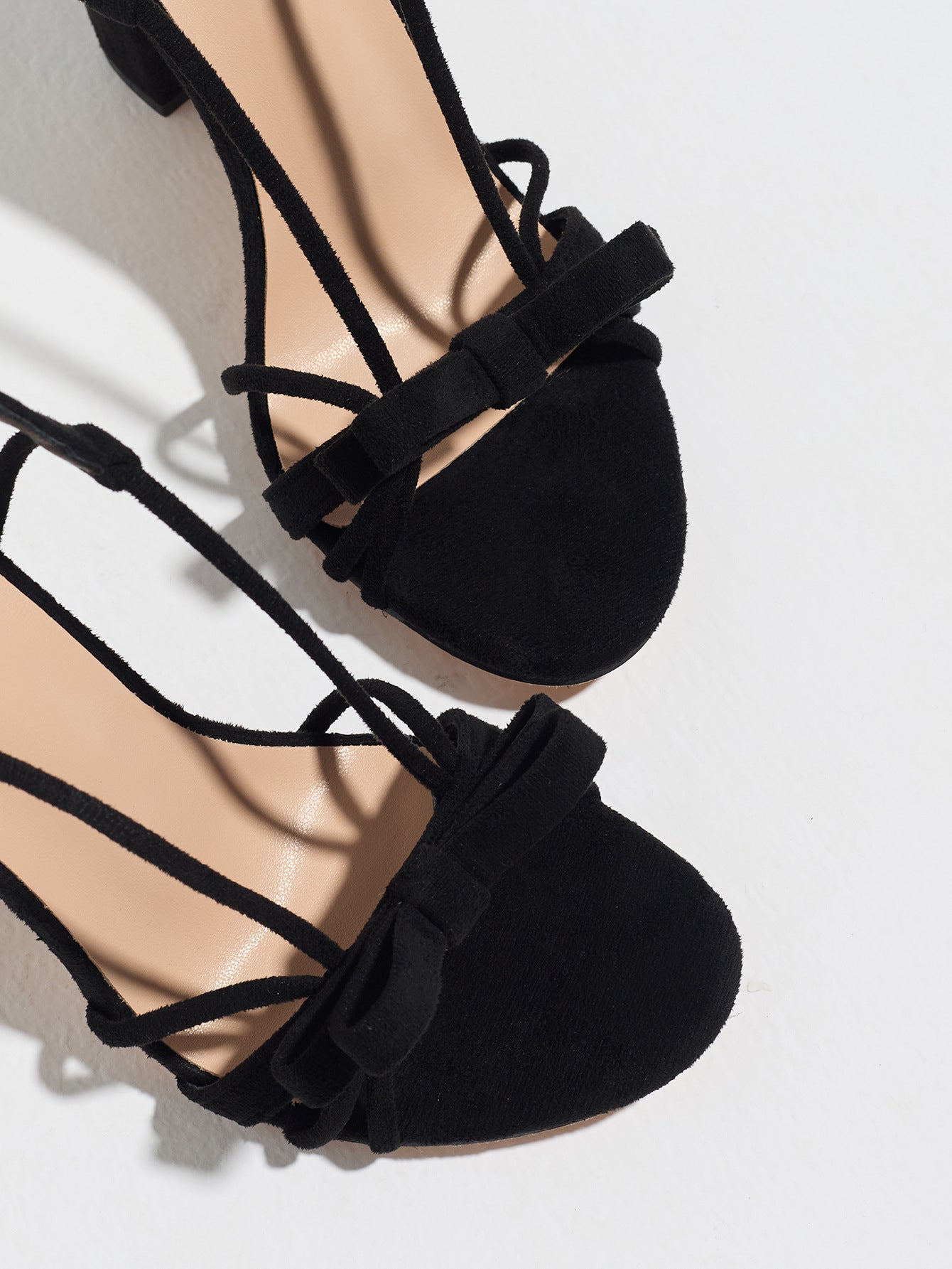 Mescini black knotted bow strappy block heel sandals, close up of the toe and instep, US women's sizes