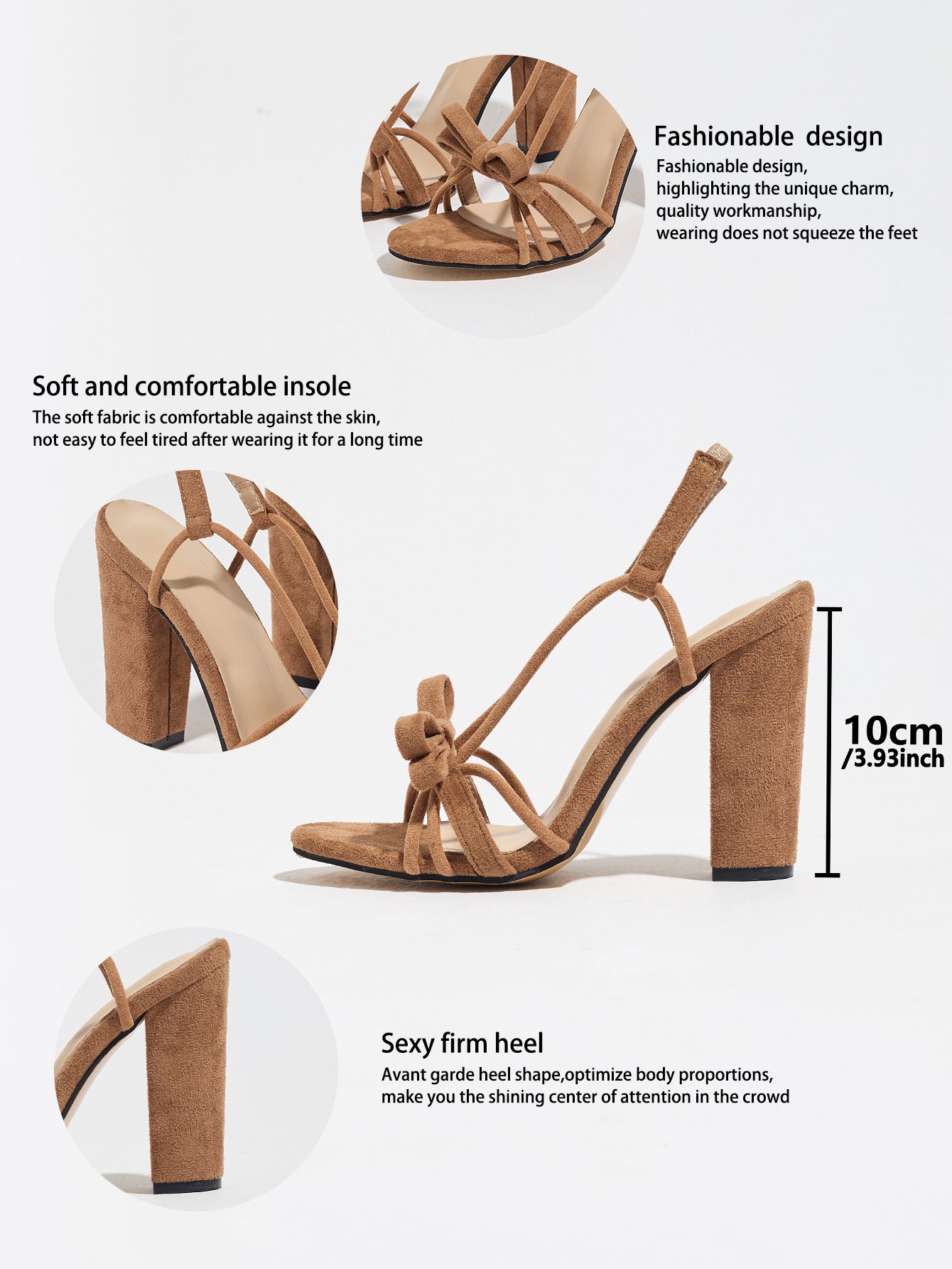Mescini brown knotted bow strappy block heel sandals, feature graphic with 10 cm height, US women's sizes