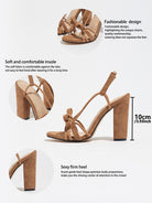 Mescini brown knotted bow strappy block heel sandals, feature graphic with 10 cm height, US women's sizes