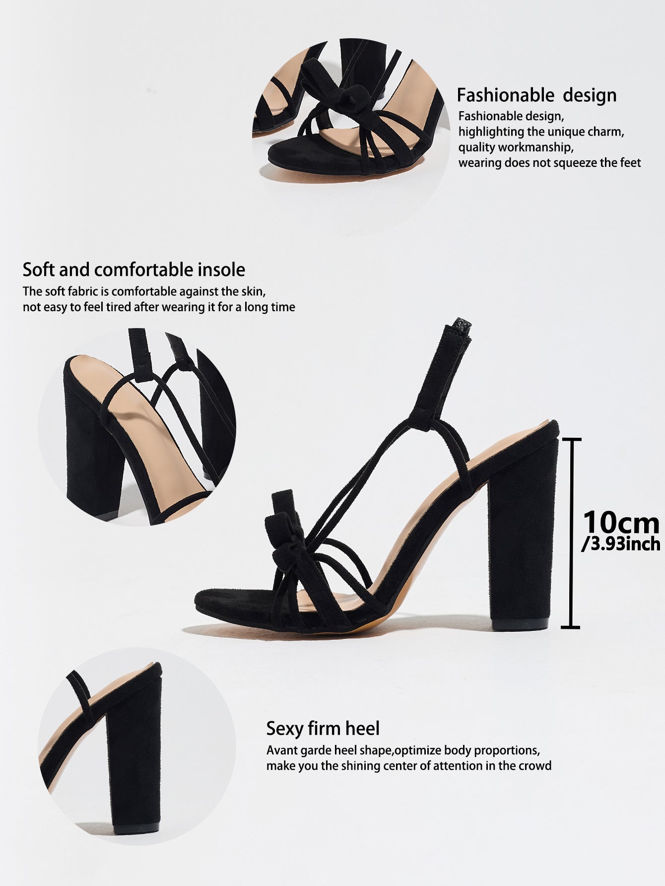 Mescini black knotted bow strappy block heel sandals, feature graphic with 10 cm height, US women's sizes