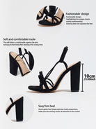 Mescini black knotted bow strappy block heel sandals, feature graphic with 10 cm height, US women's sizes