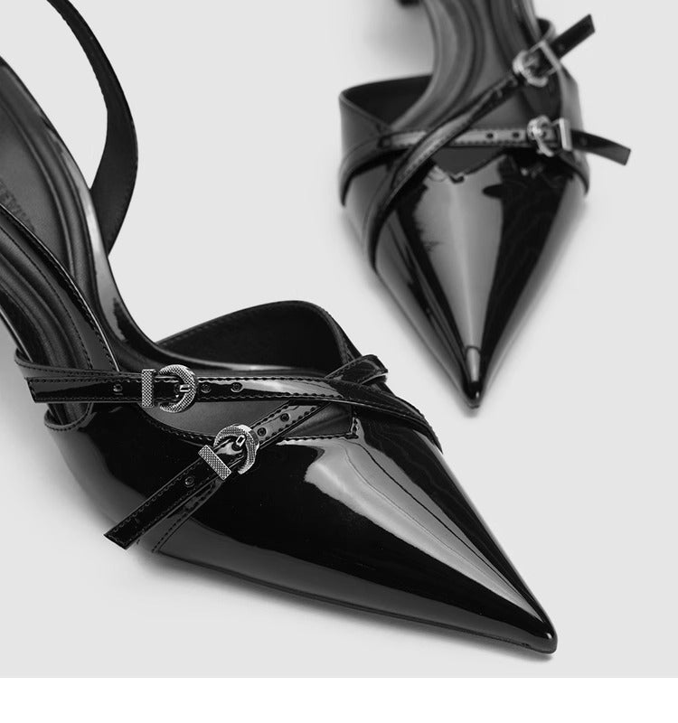 Mescini black patent pointed toe kitten heels, close up of the sharp tips and buckle straps, US women's sizes