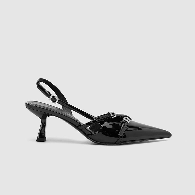 Mescini - Black patent kitten heels, side profile showing the flared heel, US women's sizes