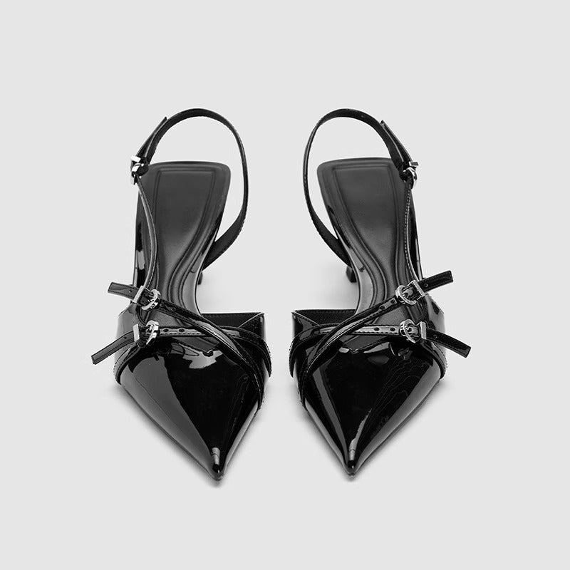 Mescini - Black patent kitten heels seen from the front with buckle straps, US women's sizes