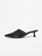 Mescini black pointed toe kitten heel mule, single shoe in profile on white, US women's sizes