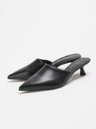 Mescini black pointed toe kitten heel mules, angled pair on a white ground, US women's sizes
