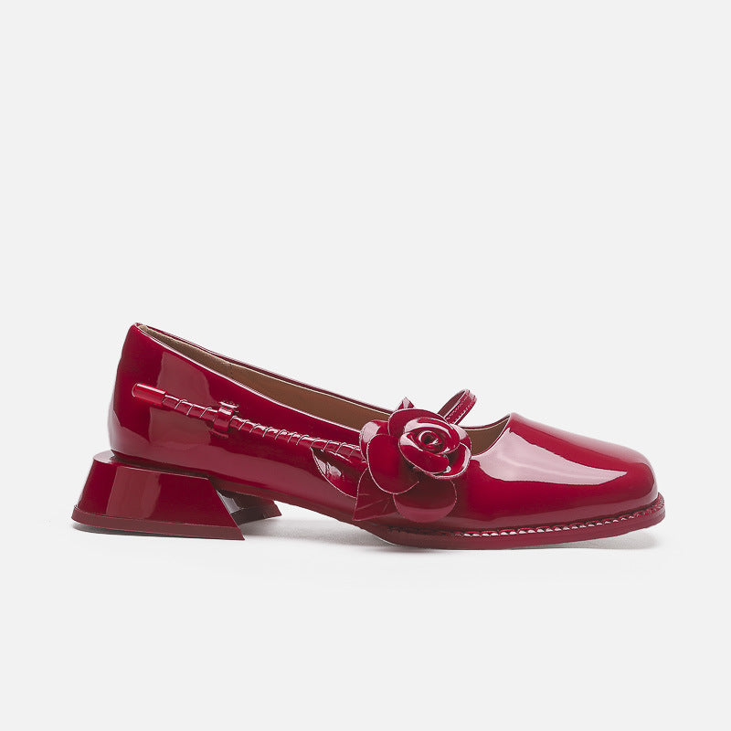 Mescini - red rose square toe mary jane heels, single shoe side profile view, US women's sizes