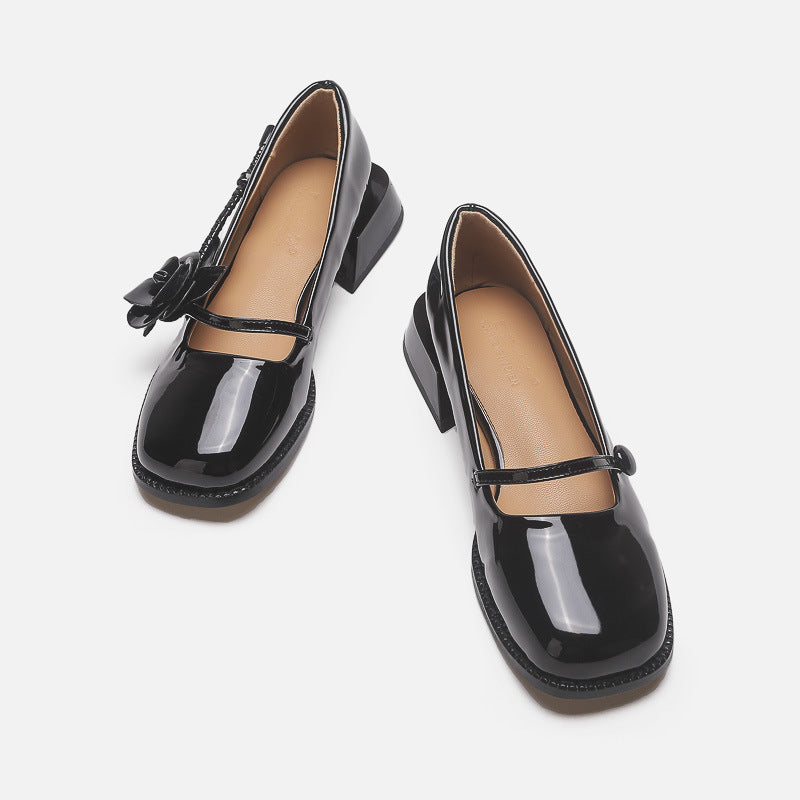 Mescini - black rose square toe mary jane heels seen from above, button strap, US women's sizes