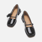 Mescini - black rose square toe mary jane heels seen from above, button strap, US women's sizes