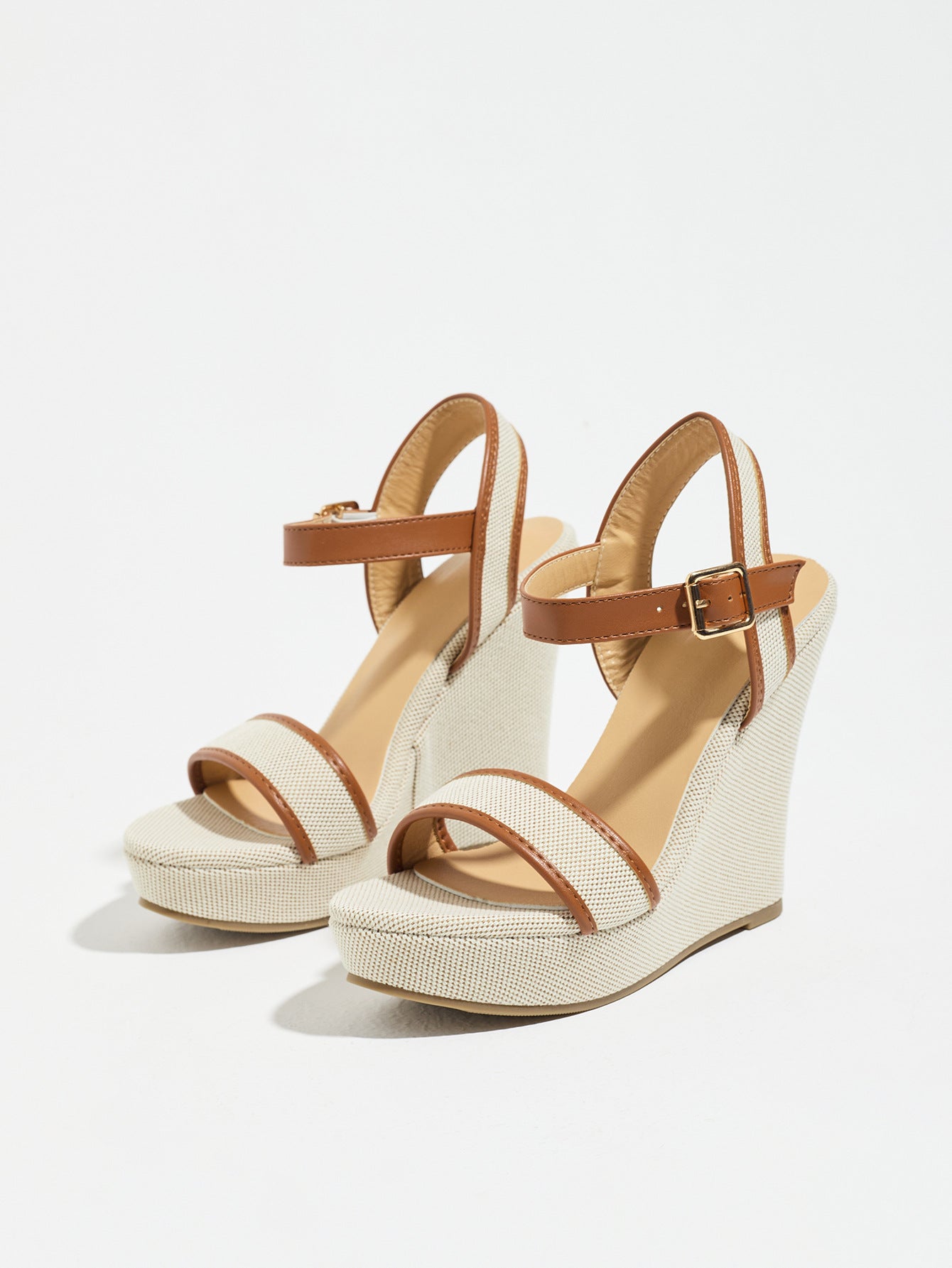 Mescini brown canvas platform wedge sandals, angled view of the pair on white, US women's sizes