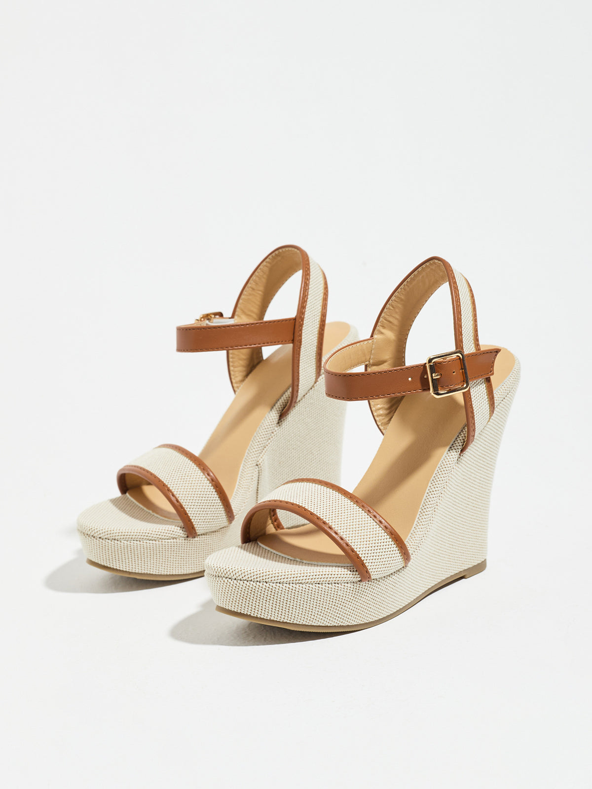 Mescini brown canvas platform wedge sandals, angled view of the pair on white, US women's sizes