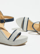 Mescini navy blue canvas platform wedge sandals, close up of the straps and buckle, US women's sizes