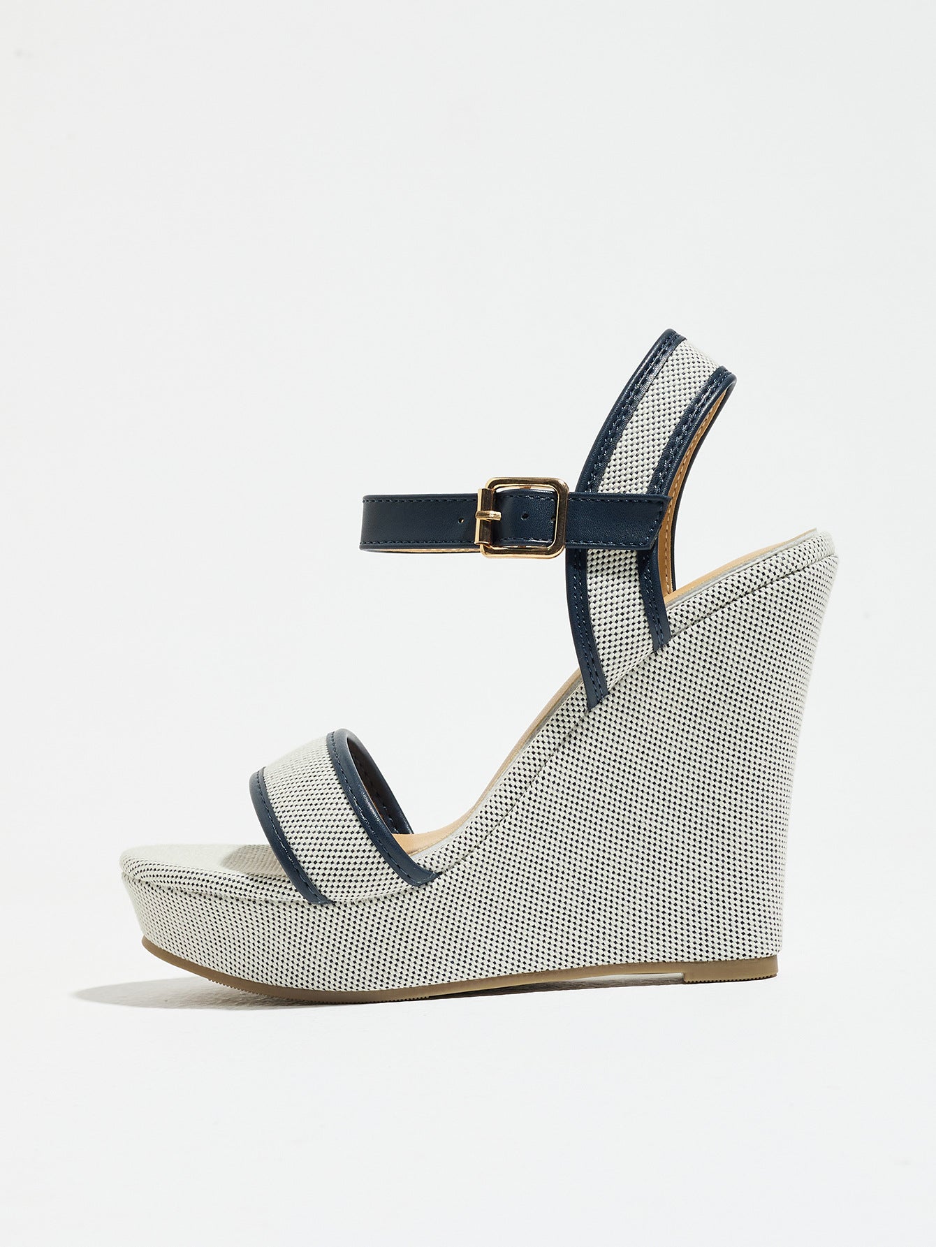 Mescini navy blue canvas platform wedge sandals, full side view of a single shoe, US women's sizes