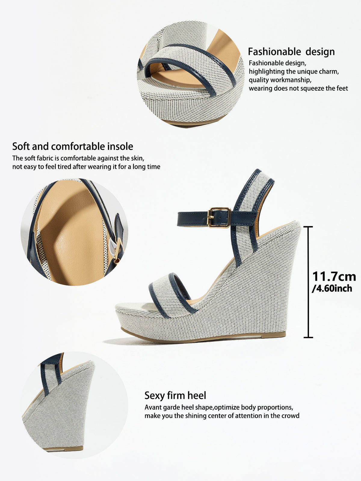 Mescini navy blue canvas platform wedge sandals, feature graphic with 11.7 cm height, US women's sizes