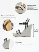 Mescini navy blue canvas platform wedge sandals, feature graphic with 11.7 cm height, US women's sizes