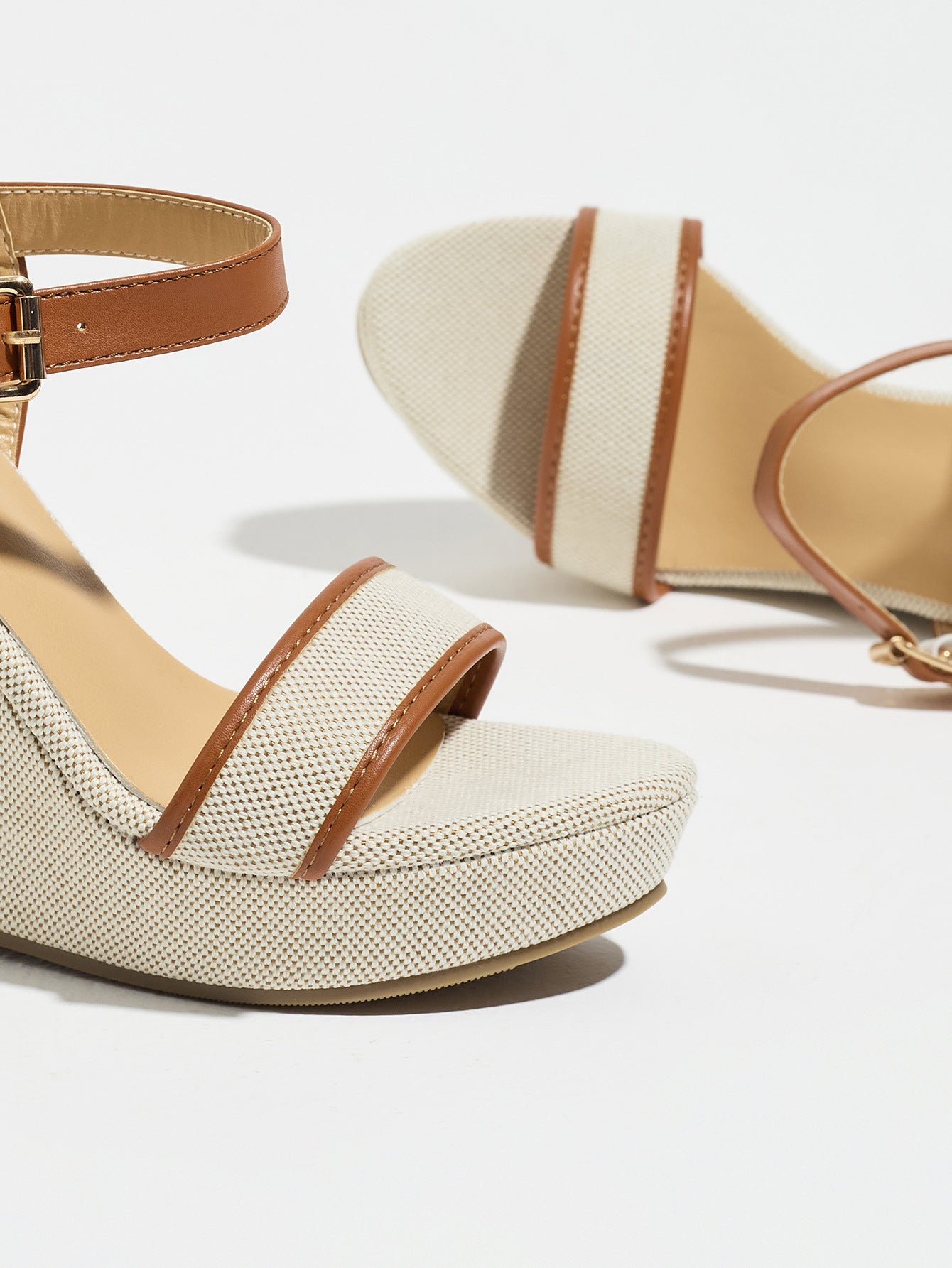 Mescini brown canvas platform wedge sandals, close up of the straps and buckle, US women's sizes