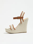 Mescini brown canvas platform wedge sandals, full side view of a single shoe, US women's sizes
