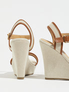 Mescini brown canvas platform wedge sandals, seen from behind at an angle, US women's sizes