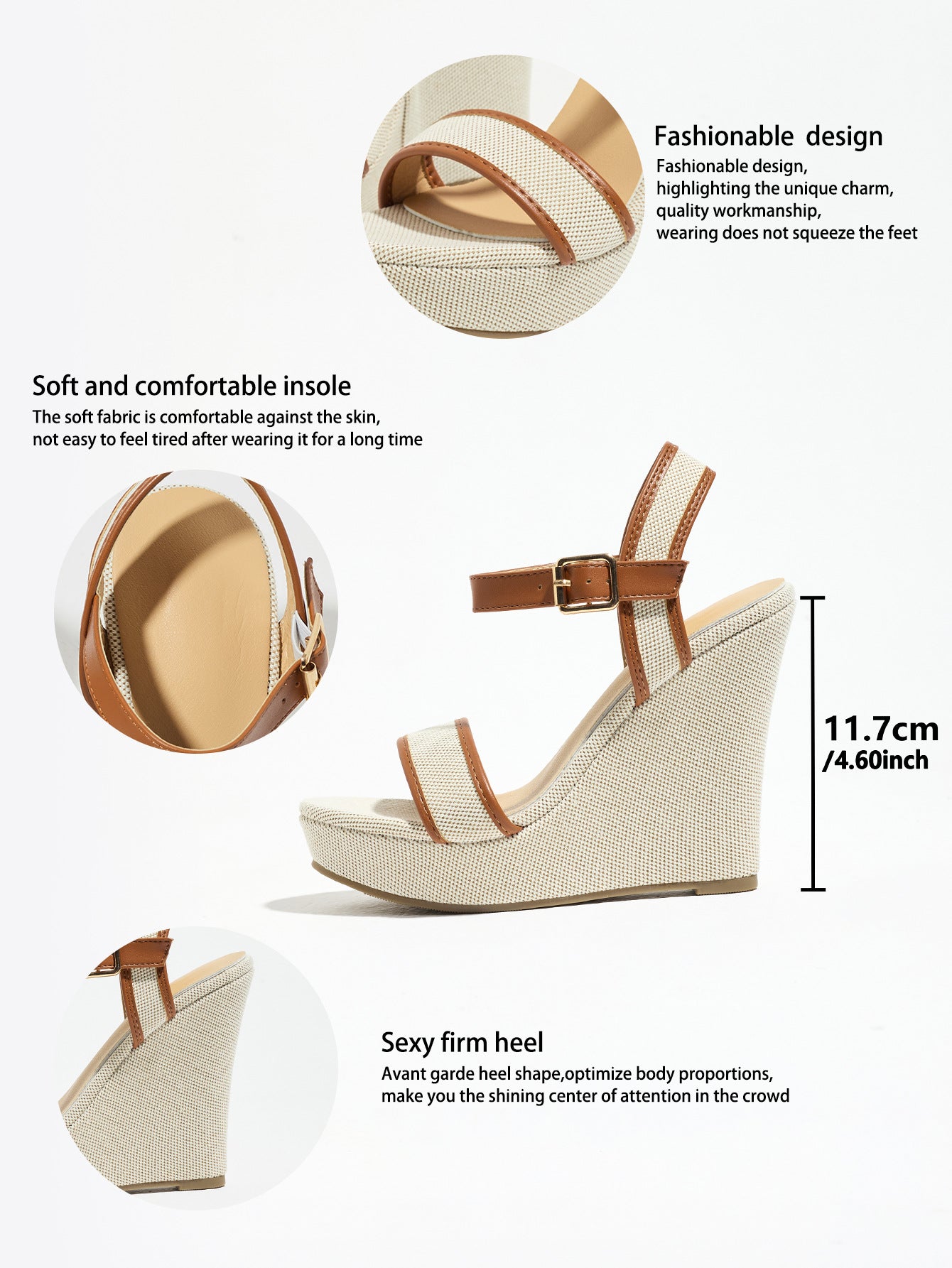 Mescini brown canvas platform wedge sandals, feature graphic with 11.7 cm height, US women's sizes