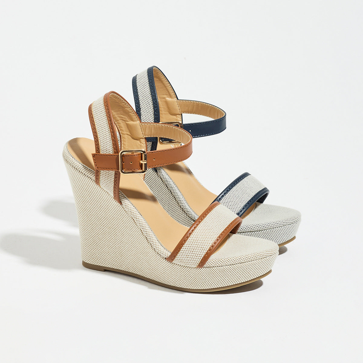 Mescini - Navy Blue and Brown canvas wedge sandals shown as a pair, US women's sizes