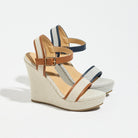 Mescini - Navy Blue and Brown canvas wedge sandals shown as a pair, US women's sizes