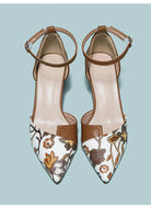 Mescini brown embroidered floral ankle strap pumps, pair viewed from overhead, US women's sizes