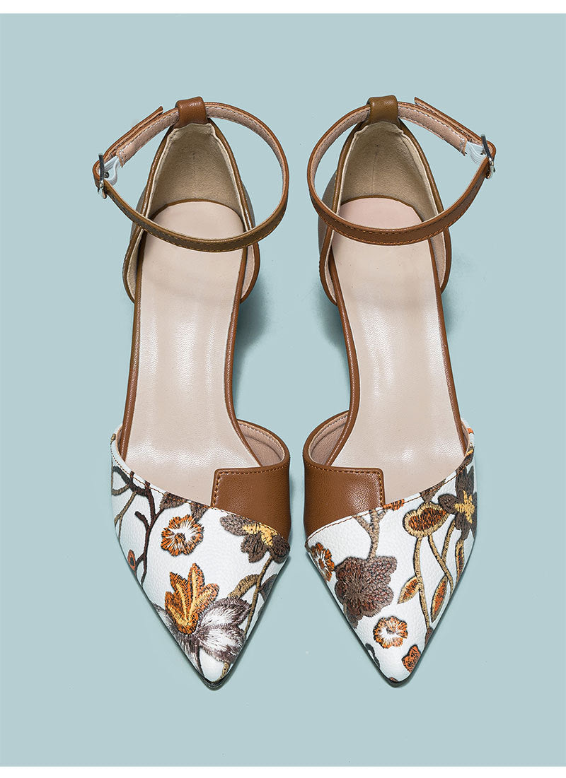 Mescini brown embroidered floral ankle strap pumps, pair viewed from overhead, US women's sizes