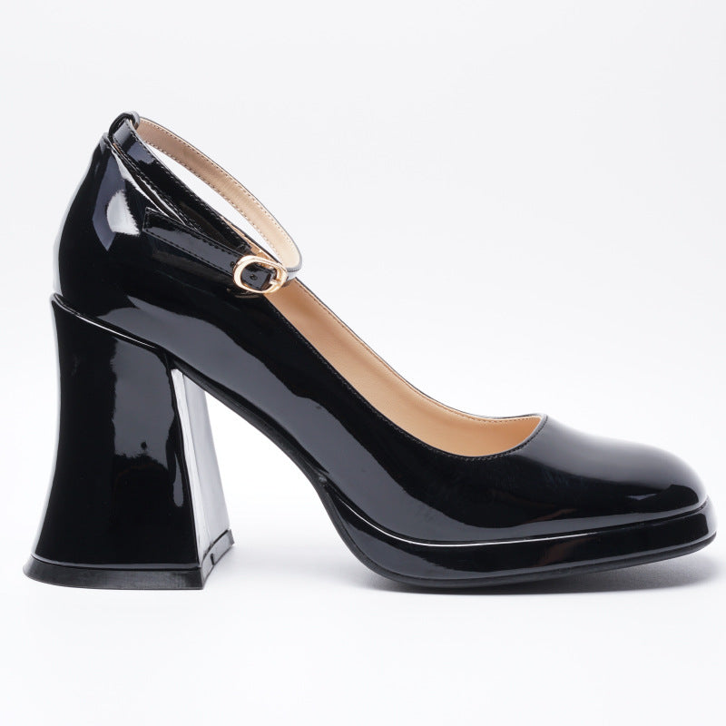 Mescini black ankle strap platform block heel pumps, single shoe in side profile on white, US women's sizes