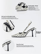 Mescini white polka dot slingback stiletto heels, graphic with insole and fit callouts, US women's sizes