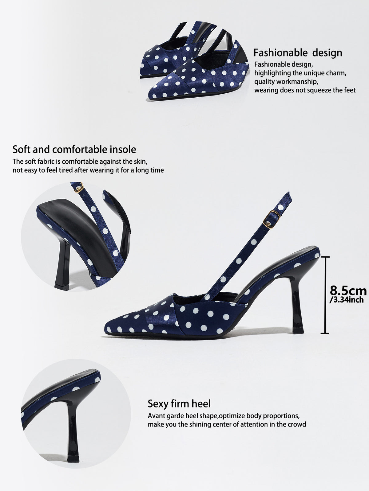 Mescini navy polka dot slingback stiletto heels, graphic with design and insole notes, US women's sizes