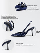 Mescini navy polka dot slingback stiletto heels, graphic with design and insole notes, US women's sizes
