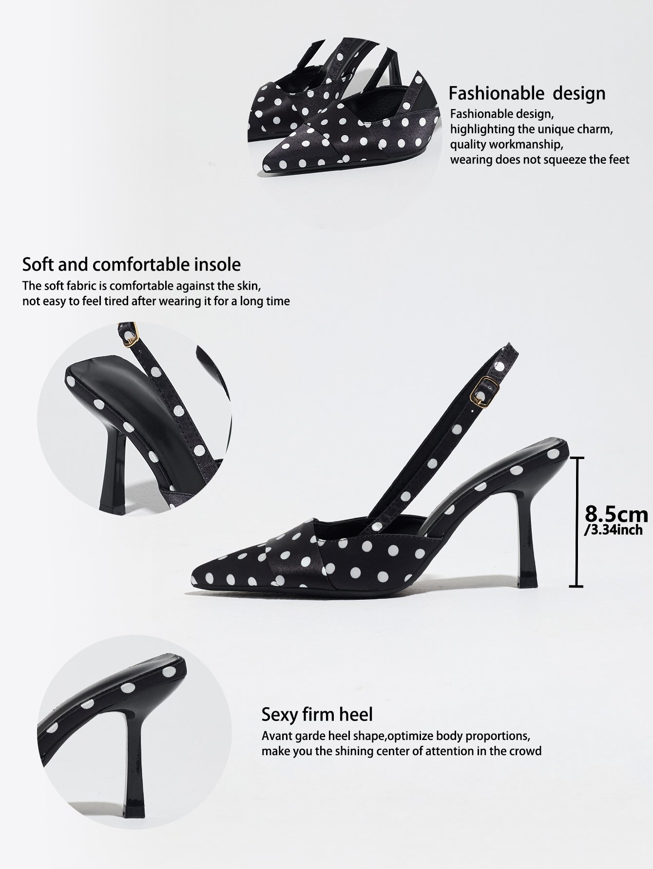 Mescini black polka dot slingback stiletto heels, graphic with insole and design callouts, US women's sizes