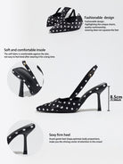 Mescini black polka dot slingback stiletto heels, graphic with insole and design callouts, US women's sizes