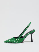 Mescini green polka dot slingback stiletto heels, single shoe in full side view, US women's sizes