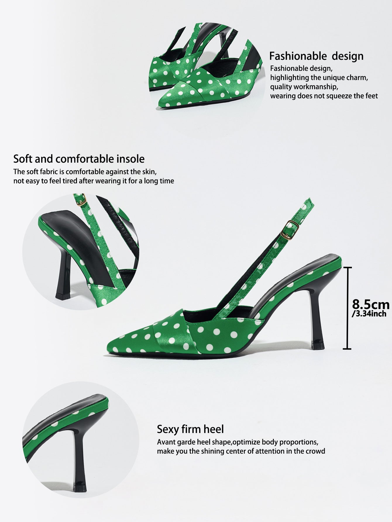 Mescini green polka dot slingback stiletto heels, graphic with design and insole callouts, US women's sizes