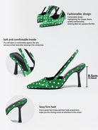 Mescini green polka dot slingback stiletto heels, graphic with design and insole callouts, US women's sizes